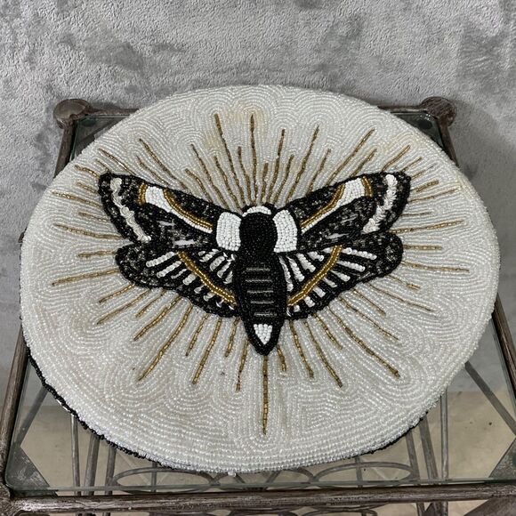 Moth Decorative Round Beaded Pillow cover only Butterfly Blk/wht/gd. Accent 13" - Picture 1 of 8